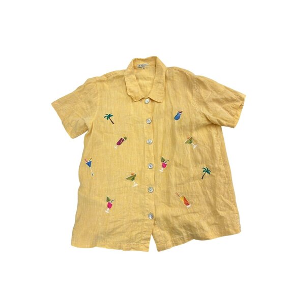 VTG Focus Medium- Yellow 100% Linen Button-Up Shirt W/ Tropical Embroidery - Picture 1 of 9
